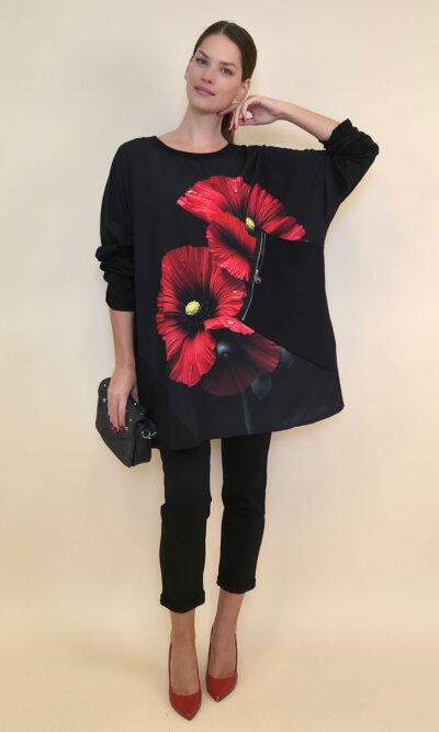 Tunika 42 Ponca - felpa/print cif džep - Red Flower Duo