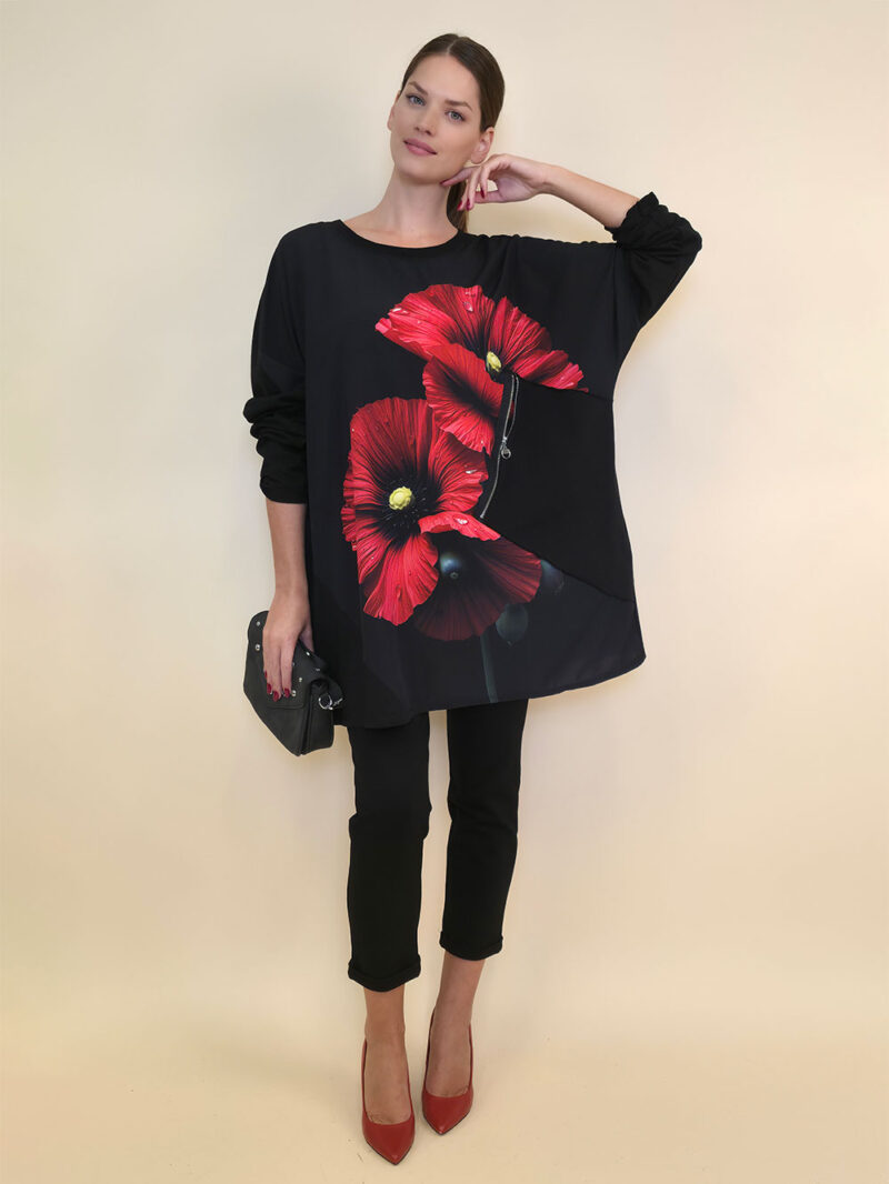 Tunika 42 Ponca - felpa/print cif džep - Red Flower Duo