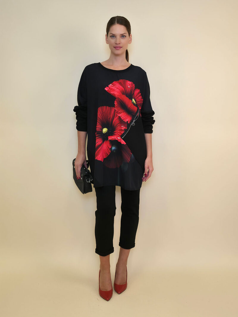 Tunika 42 Ponca - felpa/print cif džep - Red Flower Duo