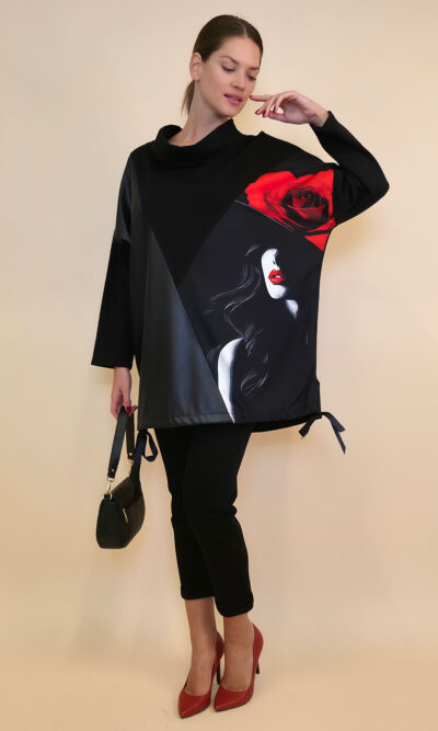 Tunika 48 Black Wings - felpa/ecco leather/print - Red Lips/Rose