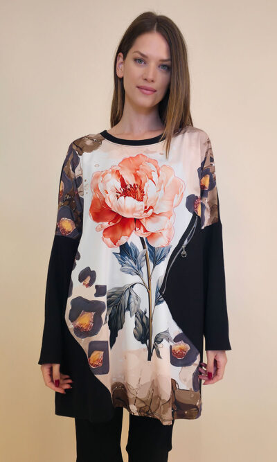 Tunika 42 Ponca - felpa/print cif džep - Big Pink Flower