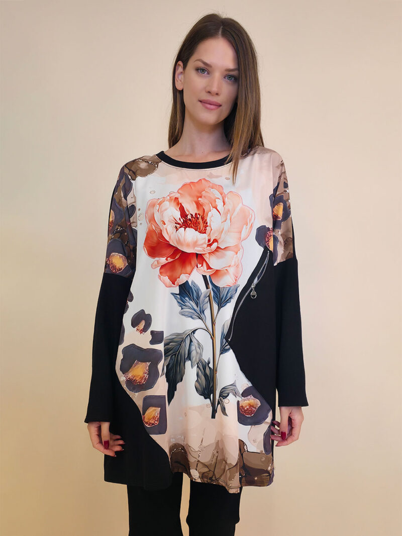 Tunika 42 Ponca - felpa/print cif džep - Big Pink Flower