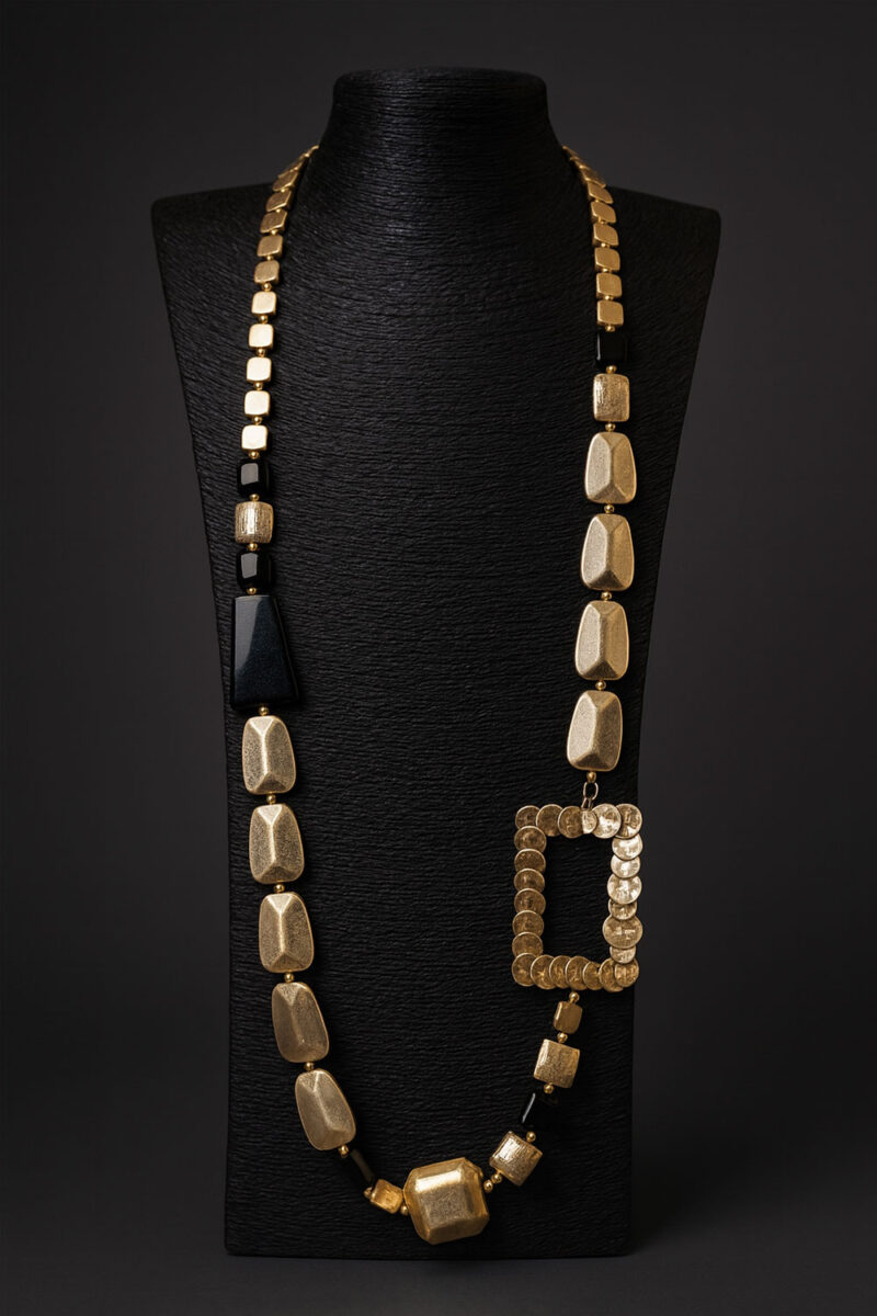 Ogrlica 32 - E kockice/pravokut - gold/black