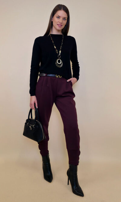 Hlače+remen 48 Delboy - jersey UN 3 gold buttons - burgundy