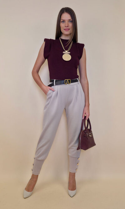 Hlače+remen 48 Delboy - jersey UN 3 gold buttons - beige