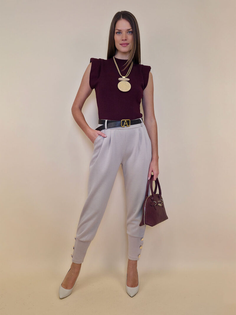 Hlače+remen 48 Delboy - jersey UN 3 gold buttons - beige