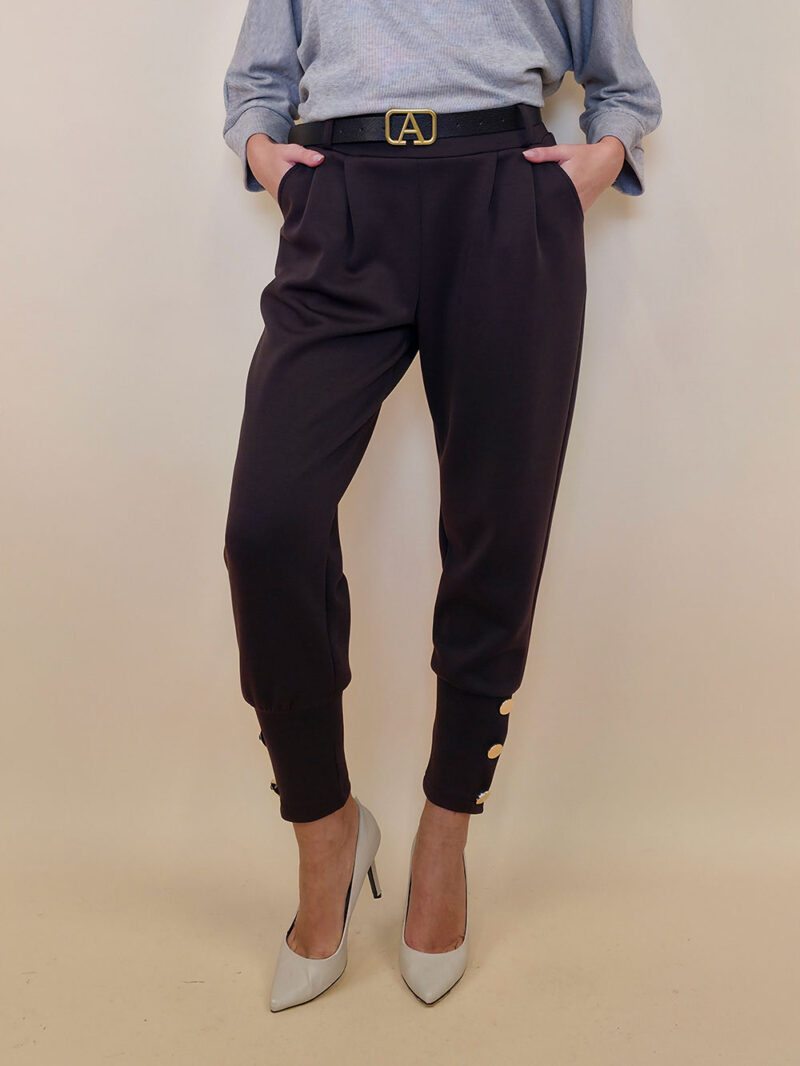 Hlače+remen 48 Delboy - jersey UN 3 gold buttons - coffee