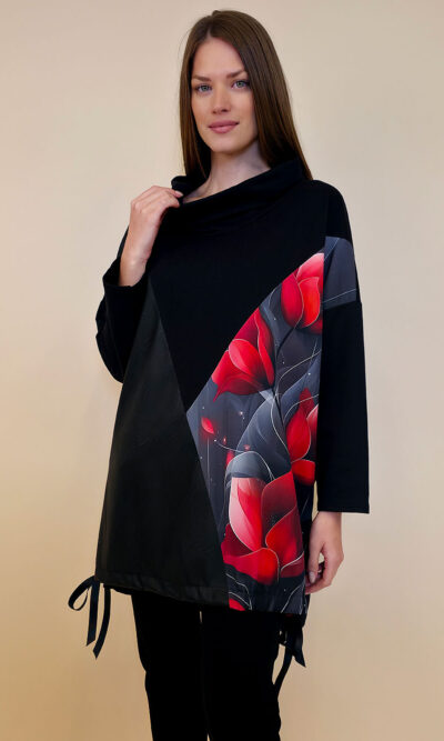 Tunika 48 Black Wings - felpa/ecco leather/print - Red Tulips in Grey