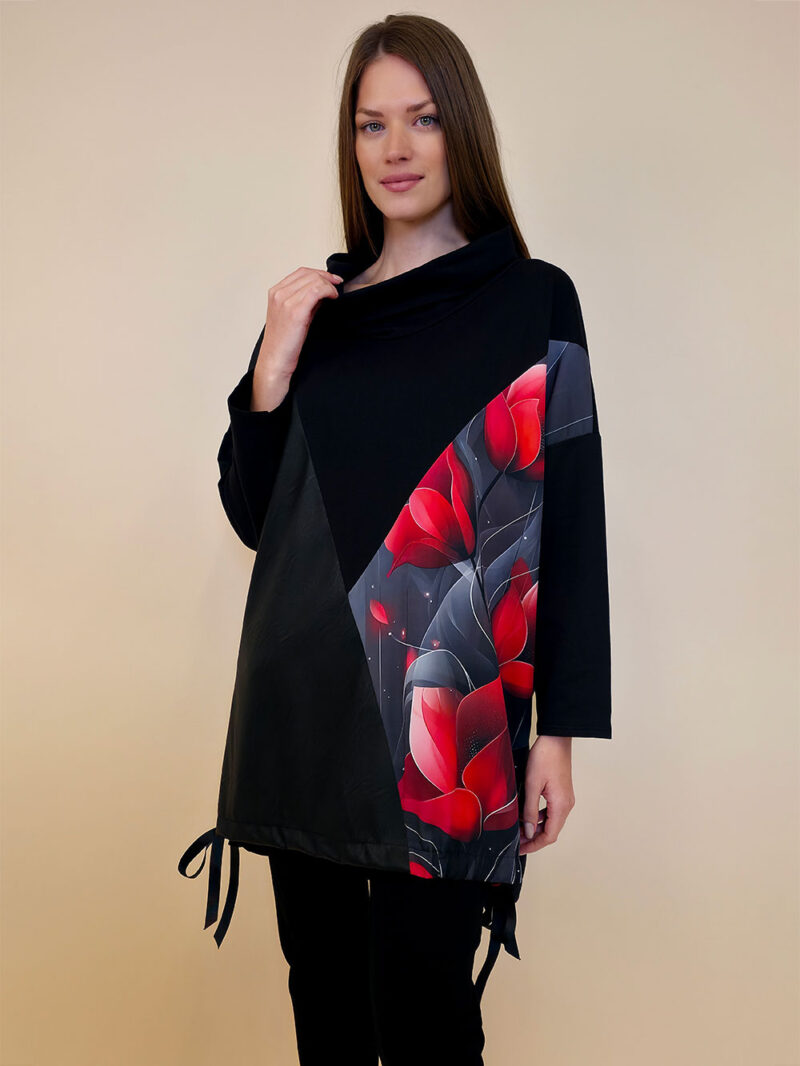 Tunika 48 Black Wings - felpa/ecco leather/print - Red Tulips in Grey