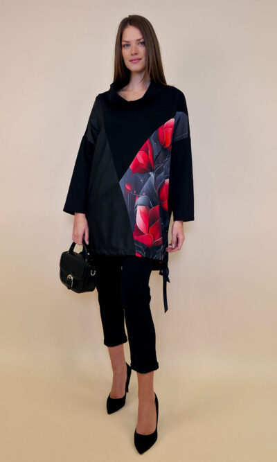 Tunika 48 Black Wings - felpa/ecco leather/print - Red Tulips in Grey