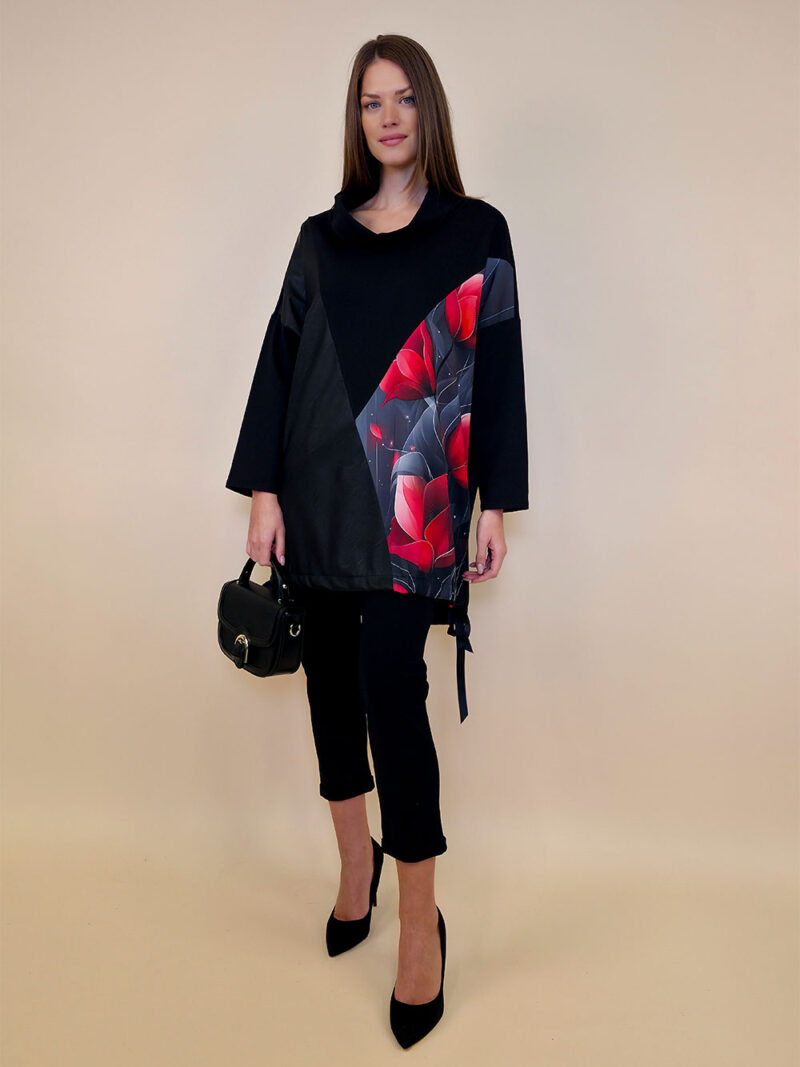 Tunika 48 Black Wings - felpa/ecco leather/print - Red Tulips in Grey