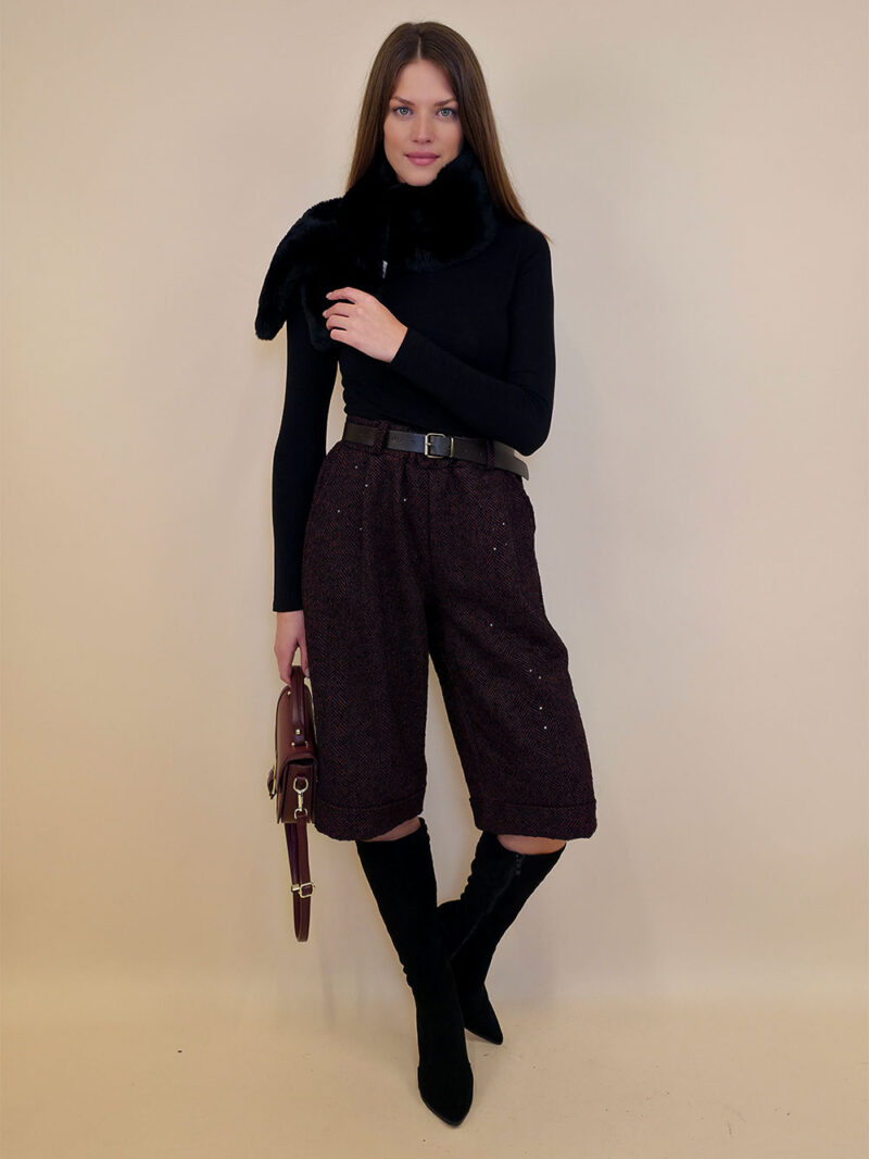 Hlače 70 Bermuda - fishbone šljokice - burgundy