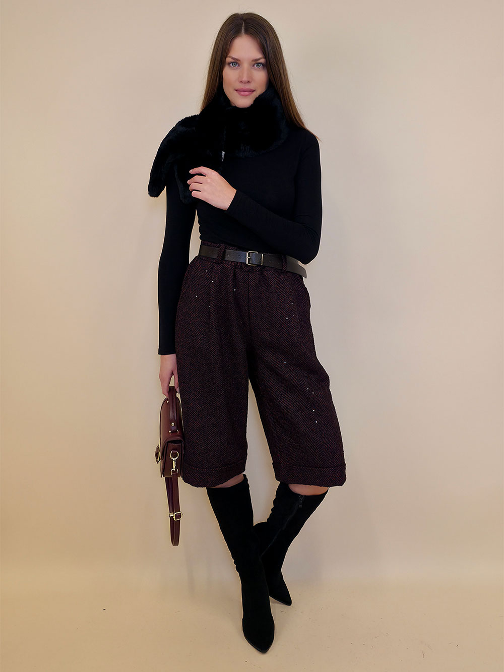 Hlače 70 Bermuda - fishbone šljokice - burgundy