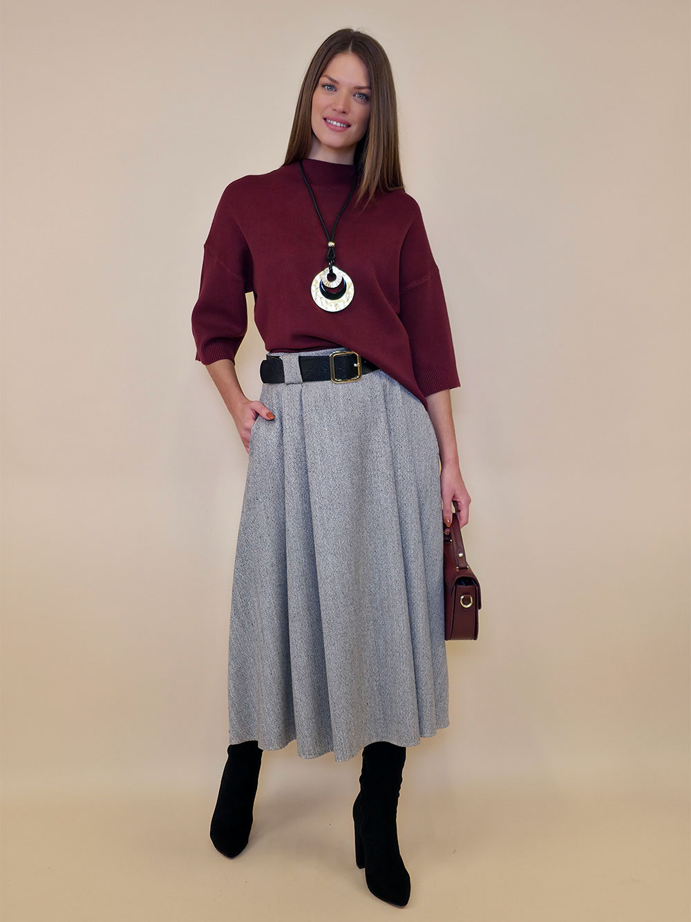 Suknja+remen 64 Lenoir -  tesutto fishbone - fango