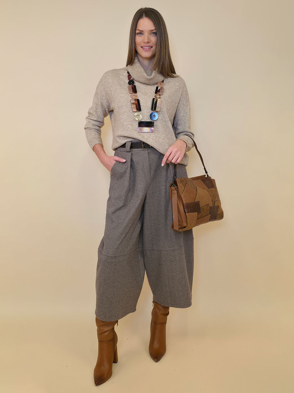 Hlače+remen 60 Gaston/W - tesutto Fish Bone - fango