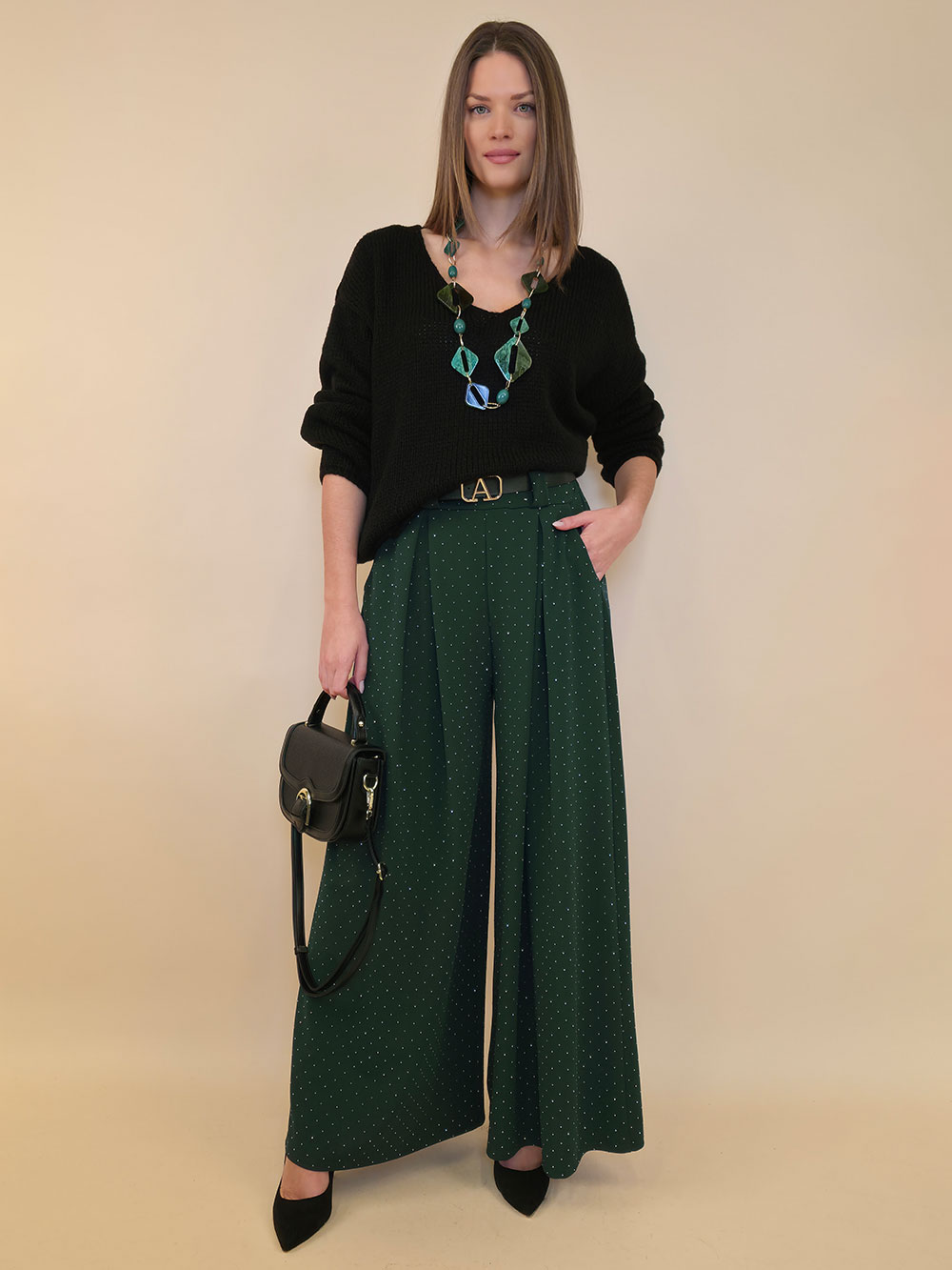 Hlače+remen 48 Benson - scuba UN zircons - bottle green