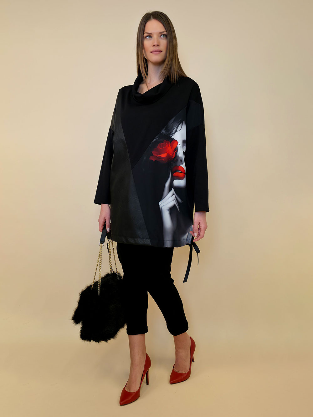 Tunika 48 Black Wings - felpa/ecco leather/print - Red Desire