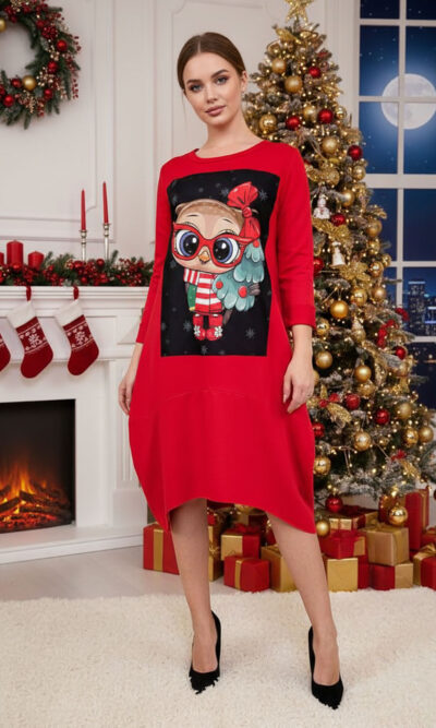 Haljina 48 YoYo - felpa brushed red - Božić Sovica & Bor black