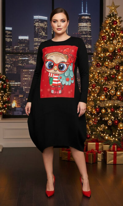 Haljina 48 YoYo - felpa brushed black - Božić Sovica & Bor red