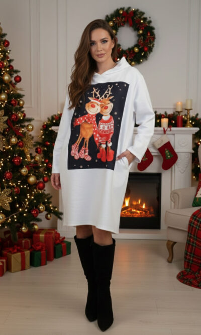 Haljina 48 El Hood - felpa brushed panna - Božić Duo black