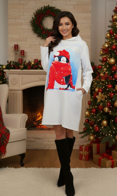 Haljina 48 El Hood - felpa brushed panna - Božić Penguin 