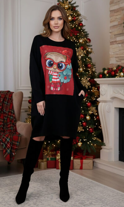 Haljina 46 Tigre - felpa brushed black - Božić Sovica&Bor red