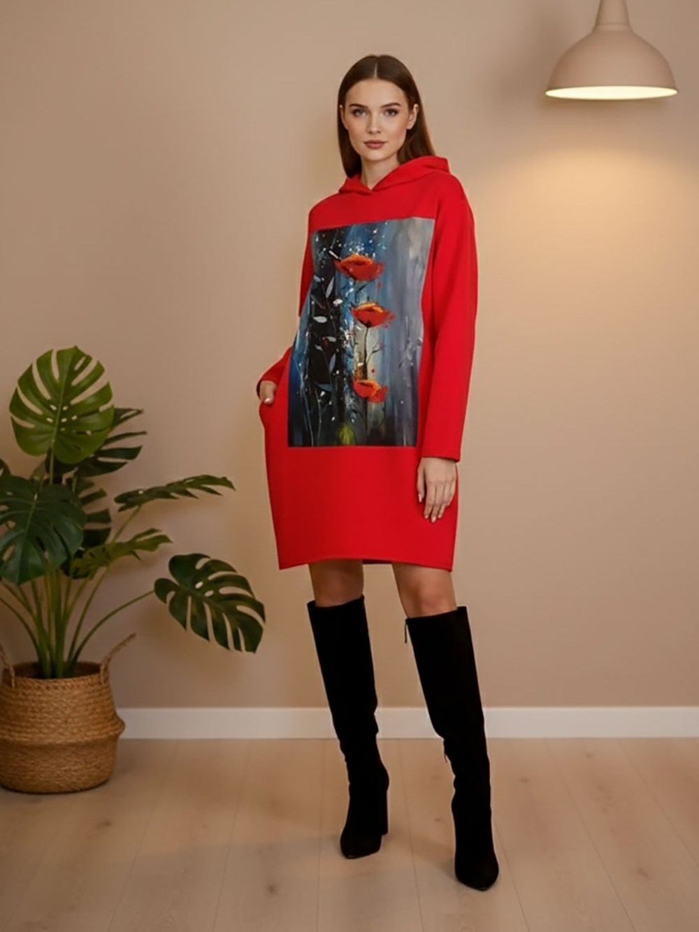 Haljina 48 El Hood - felpa brushed red - Poppies in Grey