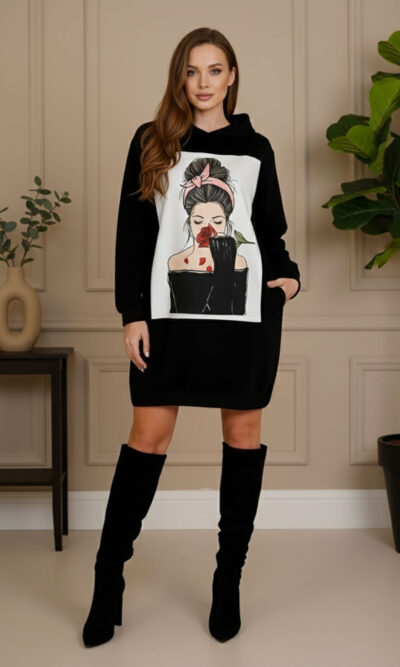 Haljina 48 El Hood - felpa brushed black - Girl with Rose