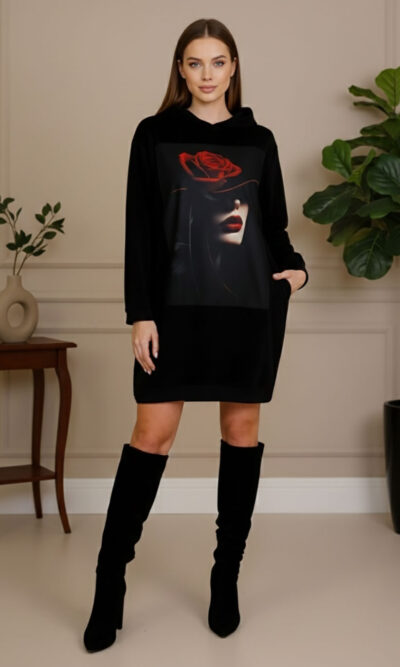 Haljina 48 El Hood - felpa brushed black - Red Lips/Rose