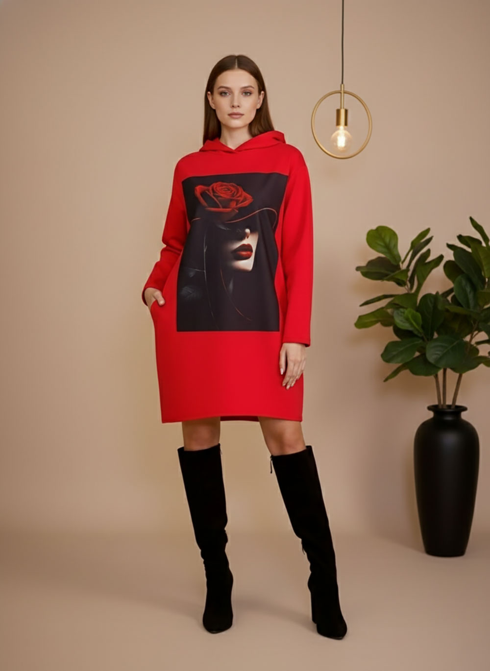 Haljina 48 El Hood - felpa brushed red - Red Lips/Rose